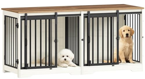 Hzuaneri Hundekäfig Möbel für 2 Hunde, Robuste Hundebox Holz, Weiß Braun | Doppel-Hundekäfig mit Trennwand, Hundekäfige mit Scheunentür, TV-Ständer-Design für Kleine bis Mittelgroße Hunde, DFC88314B
