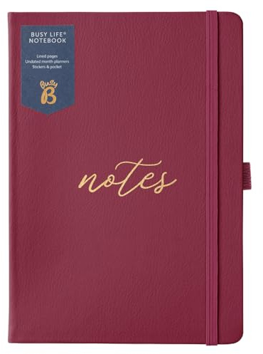 Busy B A5 Busy Life Notebook - Faux Leather Burgundy Cover - Perfect for Students, Teachers, Work & More with Lined Pages, Undated Month Planners, Stickers, Storage Pocket & Elastic Closure