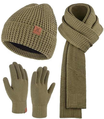 ZASFOU Winter Herren Mütze Schal Touchscreen Handschuhe Set mit Fleece Gefütterte Thermo Beanie Wintermütze Strickmütze Schlauchschal Winterhandschuhe Geschenk für Männer