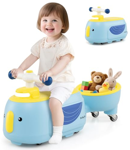 COSTWAY Rutschauto mit Anhänger, Rutschfahrzeug mit Licht & Musik & Stauraum unter dem Sitz, Rutscherfahrzeug für drinnen & draußen, Rutscher Auto für Kinder ab 1 Jahr (Blau)