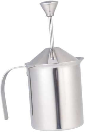FUNNETOYU Manual Stainless Steel Milk Frother with Double Layer Filter Handheld Milk Mixer for Thick Froth Heat-Resistant Pitcher for Coffee Lovers Home and Cafe Use