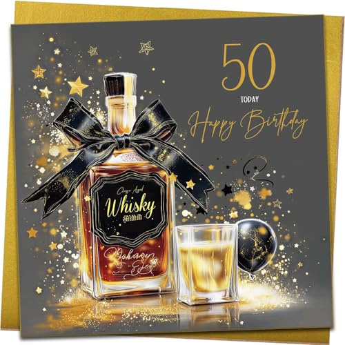 Geburtstagskarte zum 50. Geburtstag, Whisky-Geburtstagskarte für Herren, mit metallisch-goldenem Umschlag
