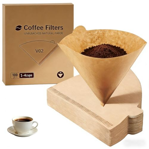 100 Pcs Unbleached Coffee Filter Papers, Compatible with Size 02 Filter Papers for Cone Dripper Coffee Makers and Pour Over Brewing 1-4 Cups (Size 2-100 Pieces)