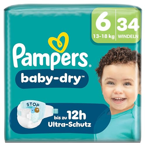 Pampers Baby-Dry Größe 6, 34 Windeln, 13kg-18kg, Bis zu 100% Auslaufschutz & Komfort die ganze Nacht