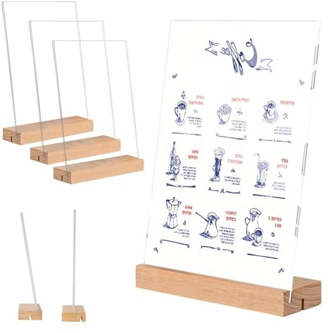 Eulihent Lot de 6 Porte Affiche A6 Porte Menu A6 Présentoir de Table Acrylique T-Base en Bois Support pour Menu Présentoir A 6 Transparent Support Affiche avec Base en Bois L&T