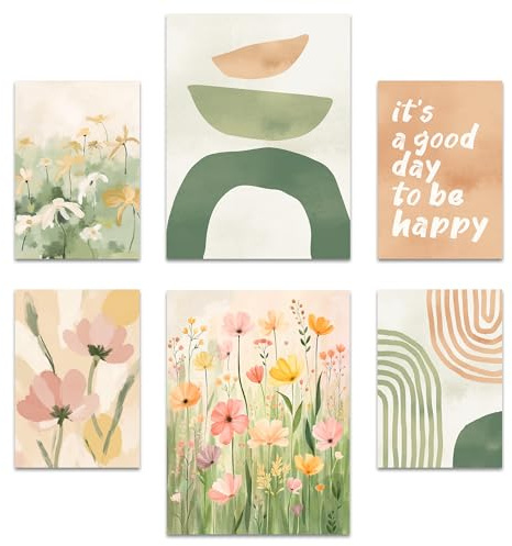 ARTFAVES® Poster Set - Abstract Spring - Gallery Wall Bilderwand Wohnzimmer, Schlafzimmer - 6 moderne Wandbilder Abstrakt, Kunst, Frühling, apricot, grün, Blumen, Formen - ohne Bilderrahmen