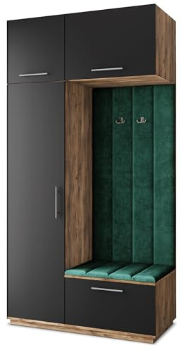 Masseno Flugarderoben Set Rema, Kleiderschrank-Set mit Sitzbank, Garderobenschrank Flur mit 5 Regalböden, Eiche Lefkas/Schwarz