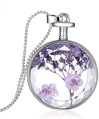 Feilok Fashion Transparente Trockener Lavendel Kristall Silber Legierung Länge Kette Rund Anhänger Halskette für Damen Mädchen…