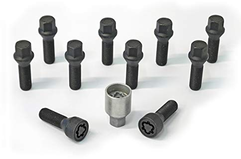 H&R Radschrauben Satz Kegelbund M14x1.25 - Länge 43mm - Schwarz - 10 Stück - inkl. Felgenschloss