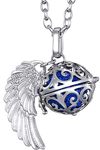 Morella Damen Schutzengel Halskette Edelstahl 70 cm mit Anhänger Engelsflügel und Klangkugel Zirkonia blau Ø 16 mm in Schmuckbeutel