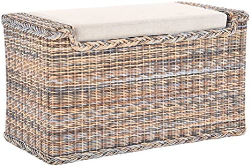 Wäschesortierer mit Sitzbank aus echtem Rattan/Wäschesammler mit 3 Fächern in der Farbe Zebra (Mehrfarbig)