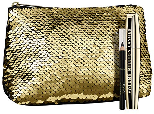 L'Oréal Paris Luxuriöse Kosmetiktasche in Gold mit Volume Million Lashes Mascara + gratis Mini Le Khol Kajalstift, 10 g
