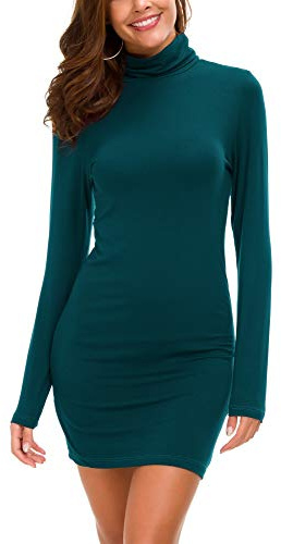 Femmes Casual Confortable Col Roulé Longues Manches élastique Mini Robe Sexy Bodycon Club Robe (S, Sarcelle Foncée)