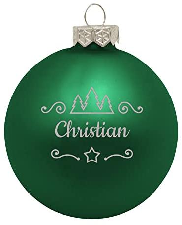 Deitert Weihnachtskugel mit Namen oder Wunschtext graviert, Ø 8cm, personalisierte Christbaumkugel aus Glas (matt), individueller Weihnachtsbaumschmuck mit Gravur, Tannen-Motiv, Grün