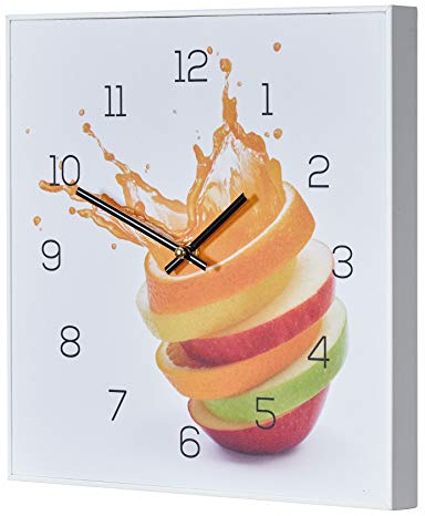 Wanduhr 30x30cm Uhr PVC Rahmen Weiß Orange Apfel Wasser Frucht Küche Wanddeko Küchenuhr