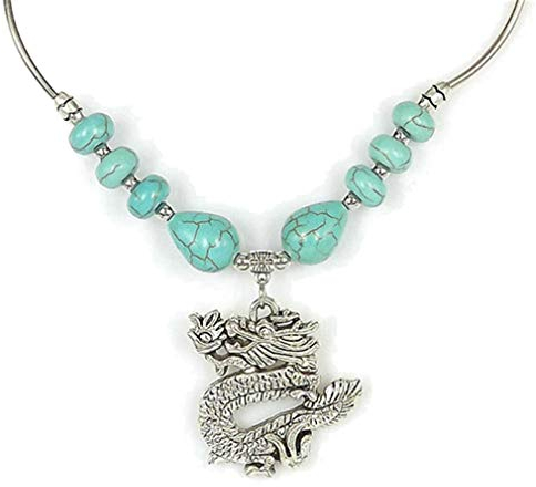 YAZILIND Retro Ethno Style Halskette Tibetisch Silber Türkis Anhänger Halsketten Frauen Mutter Schmuck Geschenk (Drache)