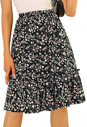 Allegra K Damen Sommer Rüschen Rock Saum Blumen A-Linie Hohe Taille Knielang Midirock Schwarz M