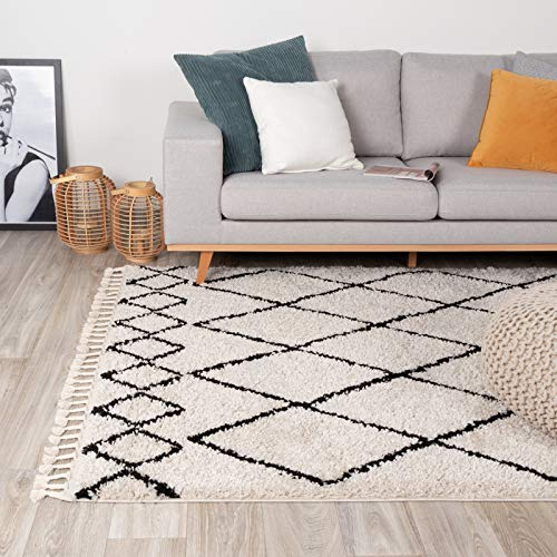 FRAAI | Home & Living Teppich Hochflor - Grand Diamond Weave Creme Schwarz - Kariert, Gestreift - Modern, Skandinavisch - Wohnzimmer, Esszimmer, Schlafzimmer - Fellteppich - Carpet