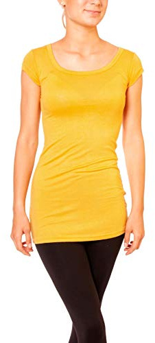 Easy Young Fashion - Damen Basic T-Shirt - langes Kurzarm Longshirt - Rundhals Longsleeve - Unterziehhemd Skinny Fit 1002 - Maisgelb S