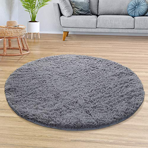 TT Home Teppich Wohnzimmer Hochflor Langflor Weich Soft Modernes Einfarbiges Design, Farbe: Grau, Größe:120 cm Rund