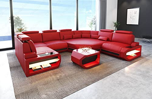 Wohnlandschaft Asti Mini Ledersofa Couch in Leder - Sofa mit USB und Kopfstützen (Große Ecke rechts (auf Sofa blickend), Rot-Schwarz)