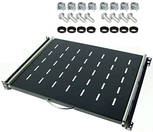 Stahlflex 1 HE ausziehbare Rackablage, 35 cm tief, 19'' 483 mm ausziebarer Fachboden Trägereinschub Rack Ablage Boden (1HE ausz. Ablage 350 mm, 1 Stück), Schwarz