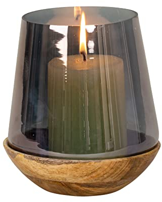 Modernes Windlicht Kerzenhalter aus Glas und Holz schwarz/braun Höhe 20 cm