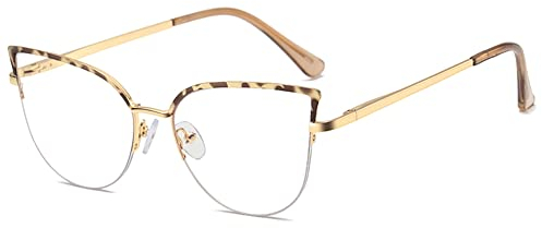 kachawoo Anti-blaues Licht   Gläser   Für Frauen Männer Halb randlose Cat Eye Brillen Metallrahmen Prescription Brillen (gold leopard frame)