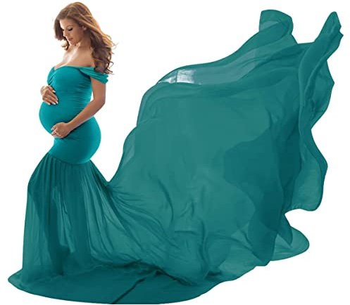 shownicer Robes Enceintes Maternité Photographie Robe Sexy Longue Jupe en Mousseline de Soie Fente Avant pour Souvenirs Photographie A Vert Foncé Taille Unique