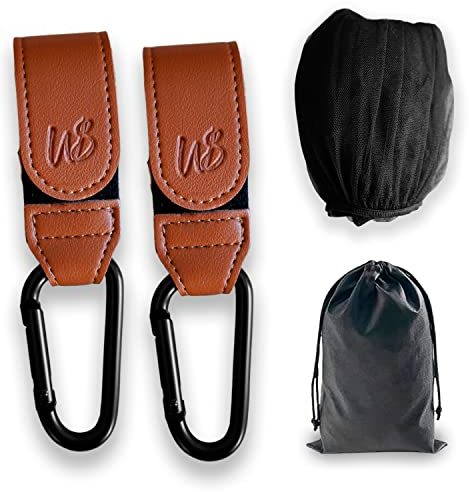 WS WorlsTrend Kinderwagenhaken aus Kunstleder - Haken für Kinderwagen oder Buggy zum Aufhängen von Taschen - Verstellbares Universal - Moskitonetz - 2 Haken + Moskitonetz.