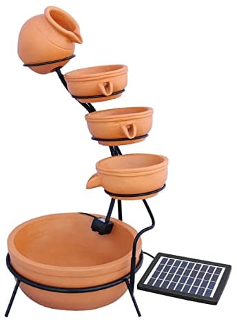 Fuente de jardín con energía solar para exteriores, decoración de cascada de jardín, patio, resina, terracota independiente, cascada, 4 niveles