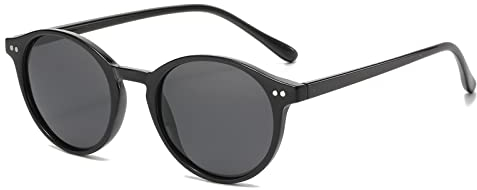 YAMEIZE Sonnenbrille Polarisiert Rund für Damen-Vintage Retro Runde Kleine Kreis Sonnenbrille für Fahren Angeln Schwarz Grau