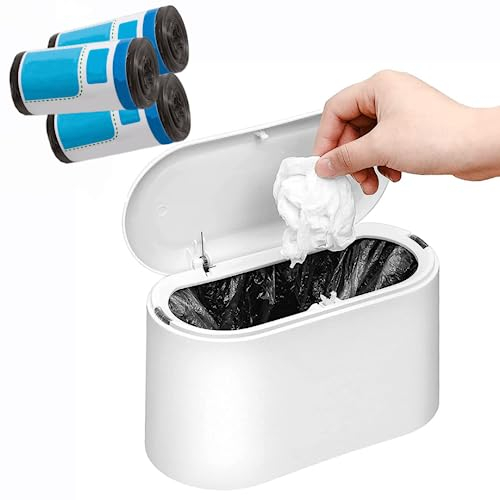MEETOZ Mini Trash Can with Lid, Desk & Countertop Mini Garbage Cans, Tiny Waste Basket, Free 3 Rolls of Trash Bags (White With Lid)