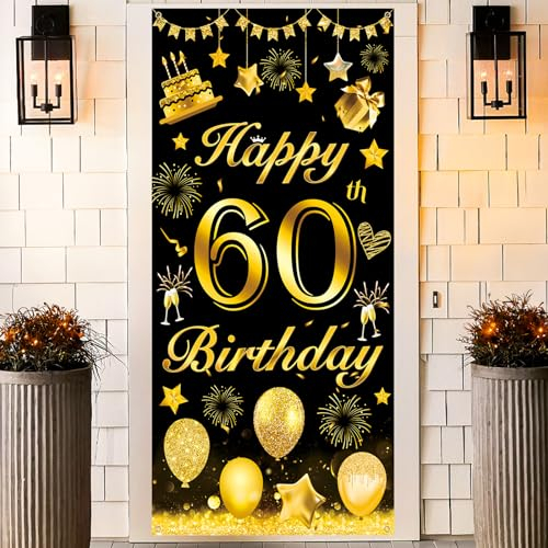 60 Geburtstag Banner, Schwarz Gold 60. Geburtstag Deko für Mann, 60 Jahr Geburtstags Dekoration Banner, Große 60. Geburtstag Tür Banner Hintergrund Poster Schild für 60. Geburtstagsdeko, 185 × 90cm
