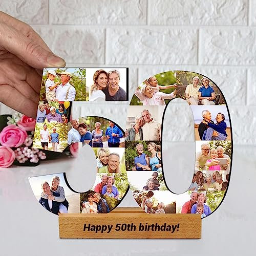 Personalised Age Numbered Wood Sign | Custom 2 Digits & 1-20 Photos Happy 50th Birthday Photo Collage Frame | Gifts For Birthday, Anniversary (Style 4)