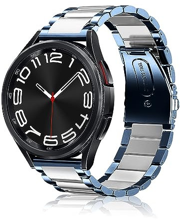 SeNool Bracelet 20mm pour Samsung Galaxy Watch 7 / 6 40mm 44mm, Acier Inoxydable Maille Métal Bracelet pour Samsung Galaxy Watch FE 40mm / 6 Classic 43mm 47mm (Argent/Bleu)