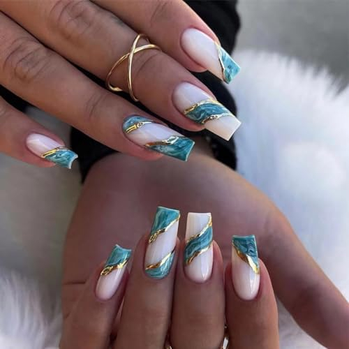 SINLOV Lot de 24 faux ongles carrés en forme de cercueil - Couverture complète - Vert dégradé - Faux ongles longs français à paillettes - Pour femmes et filles