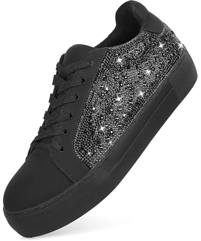 Atsroel Plateau-Sneaker für Damen, glänzend, modische Sneaker, niedriges Oberteil, Schnürung, Damen-Sneaker, glitzernd, glitzernd, Strass, lässig, Hochzeit, elegante Tennisschuhe, Schwarz, 39 EU