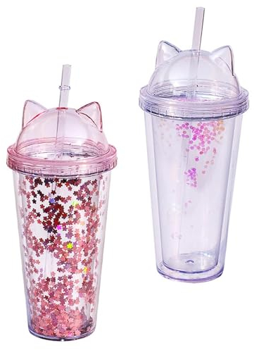 Bouteille d'eau pailletée avec Paille, 2Pcs Bouteilles d'eau pour Filles Tasse à Eau Double Couche Tasse à Boire Kawaii Bouteille d'eau pour l'extérieur et l'intérieur l'école et Les, Rose et Clair