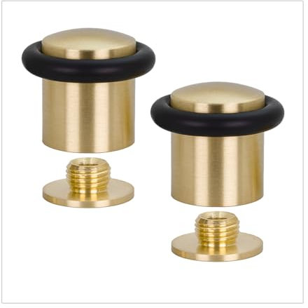 Pack of 2 Door Stops| Threaded Base | Made of Brass | Includes Screw + Mounting Plug | EVI Herrajes I-10824X352U (Matte Brass - Black Rubber, 24mm x 30mm)