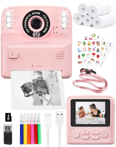 PHNIXGAM Cámara instantánea para niños con 2 Flash, cámara Digital, cámara Infantil, cámara de Fotos HD de 2,4 Pulgadas, Regalo para niños y niñas, Incluye 5 Rollos de Papel de impresión (Rosa)