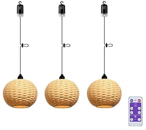 3x Dekorative Hängelampe Hängeleuchte mit Batterie Fernbedienung Batteriebetriebene Lampe Boho Rattan Lampenschirm Deckenlampe ohne Stromanschluss für Schlafzimmer Weihnachten Party Geschenk Pavillon