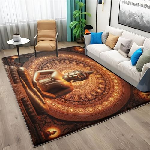 Quixora Carpette Salon Style Chinois Antidérapant Tapis Statue de Lotus Thème Lmpression 3D Hypoallergénique Tapis 80x150 cm, Sol Tapis pour Salon pour Tapis de Sol Décoratifs Tapis Lavables