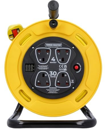 TOUGH MASTER 4 Socket Cable Reel 30m Extension Lead, 13A Heavy Duty Four Extension Cable Reel with Thermal Cut Off for Garden Lawn Mover Home & Office