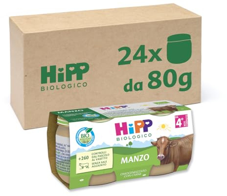 HiPP - Omogeneizzato di Carne Biologico per Neonati, Gusto Manzo, Senza glutine, Senza Sali e Aromi Aggiunti, Carne Bio, 24 Vasetti da 80 g