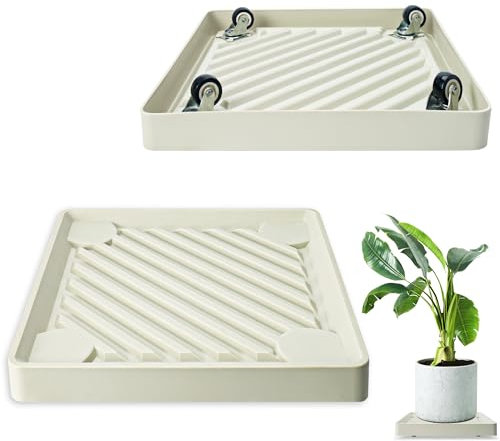 REDHUGO 2PCS Square Plant Caddy with Hidden Wheels, Heavy Duty Rolling Plant Stand Caddy with Wheels, Pot Base for Indoor Outdoor, Beige, 14 inches