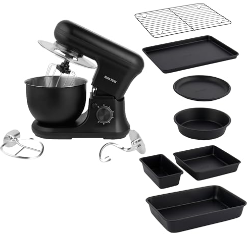 Salter COMBO-9359 Kuro Stand Mixer – Electric Whisk with 7-Piece Stackable Bakeware Set, Dough Hook & Beater Attachments, 6 Speeds/Pulse, Non-Stick Baking Trays & Cooling Rack, Compact Storage, Black