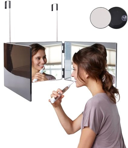 Mythosurge 360 Grad Spiegel, 3 Wege Spiegel mit Haken, Höhenverstellbarer und Faltbar, Rasierspiegel mit 10X Vergrößerungsspiegel, für Haarschnitt, Rasieren, Haarstyling, Schminken