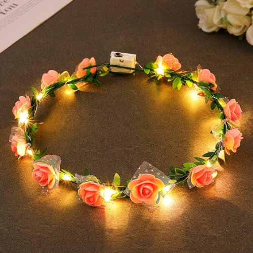 Zoestar Leuchtendes Blumenkronen-Stirnband LED-Haarkranz-Stirnbänder Blumenkopfschmuck für Bräute, Festival- und Party-Haaraccessoires für Frauen (Rosa, Standardgröße)