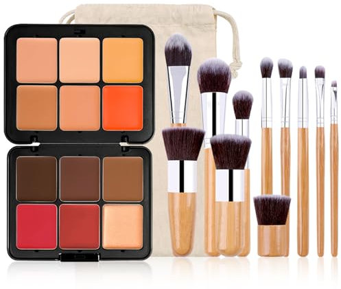 FantasyDay 12 Colori Coprenza Elevata a Lunga Tenuta Correttore Crema Concealer Palette Fard Blush Contouring Viso Correttori Makeup Gift Set per Hide Occhiaie e Imperfezioni con 11 Pennelli Trucco